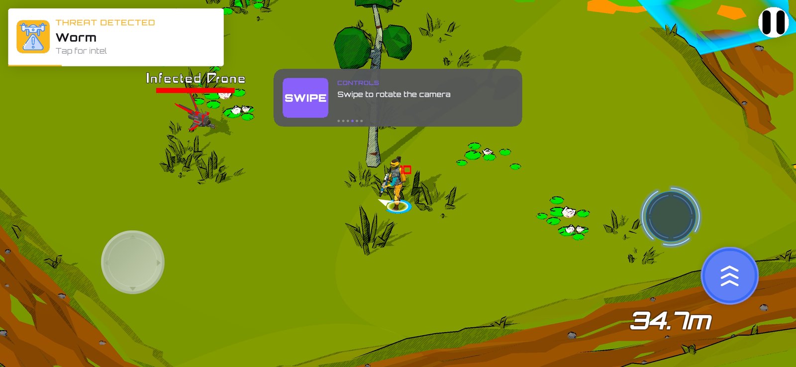 A worm threat is detected and an infected drone approaches the player